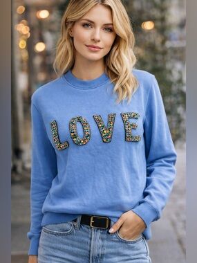Endless Rose Blue LOVE Embellished Sweatshirt XS Rhinestone Graphic Pullover